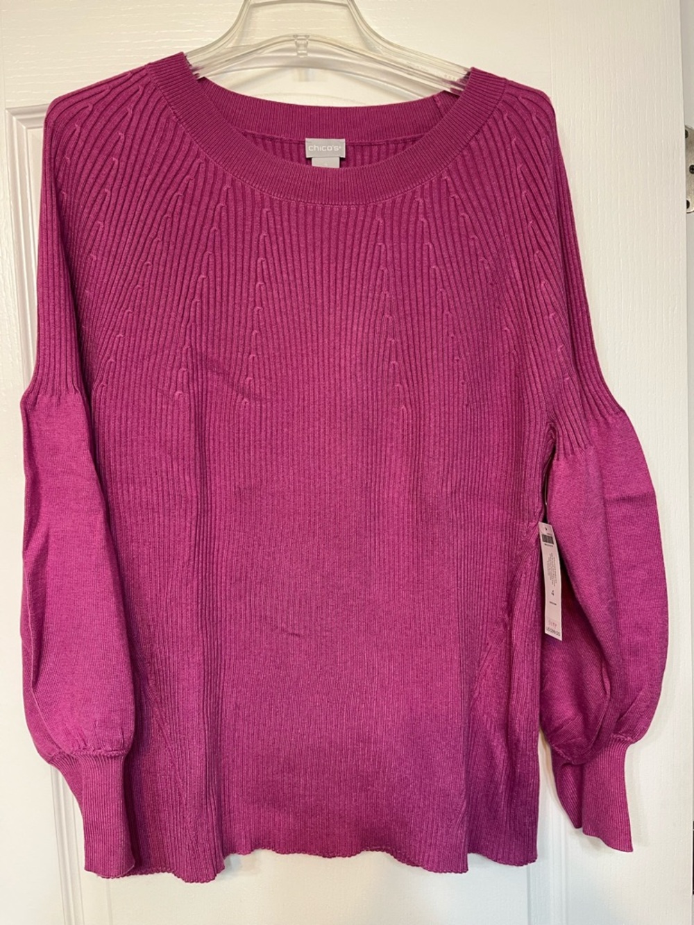 Chico's Fuchsia Ribbed Crewneck with Balloon Sleeves Sweater Size 4